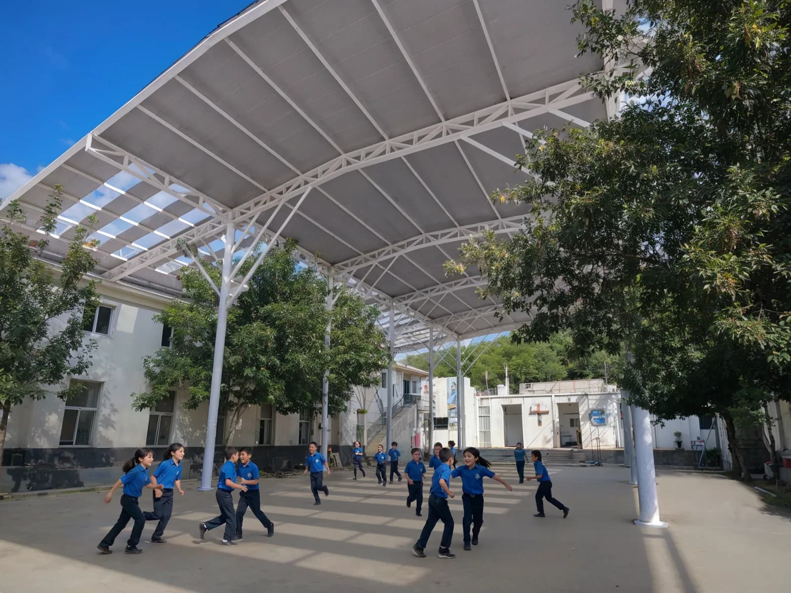 Render de la estructura del techo que cubrirá el patio del instituto